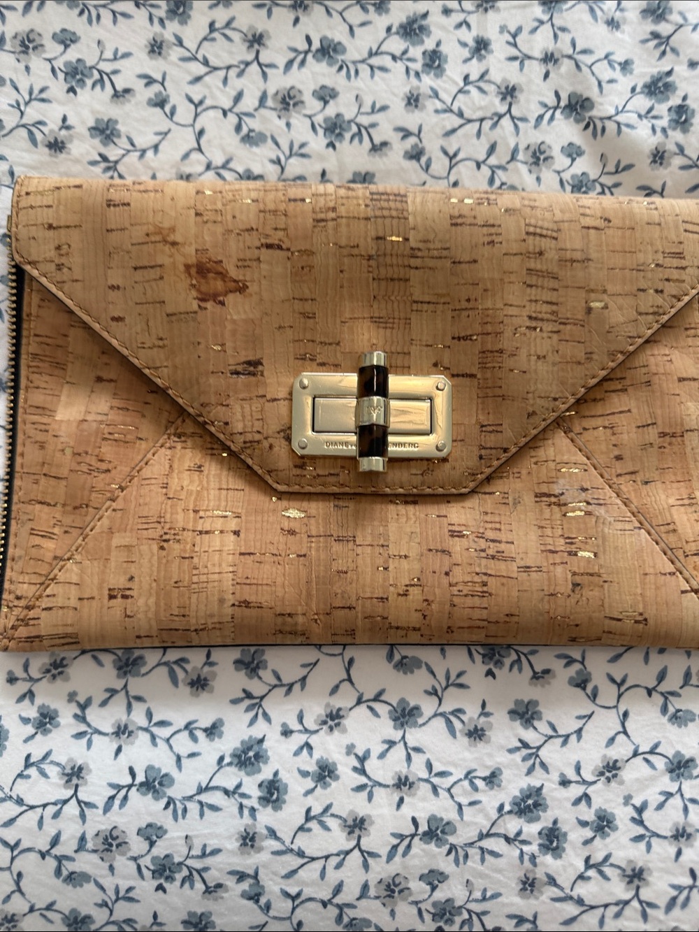 Diane Von Furstenberg Tan Cork Envelope Clutch with Gold Turn-Lock